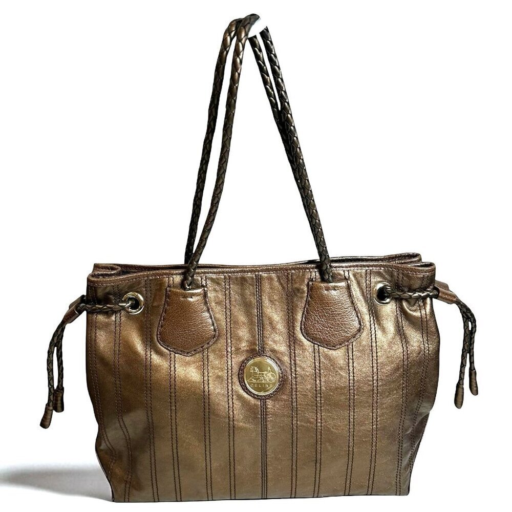 Authentic Celine Bronze Metallic Brown Leather Tote Shoulder Bag Carriage
